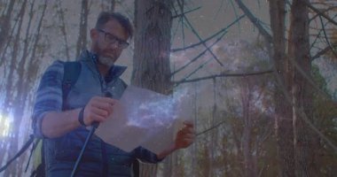 Yalnız yürüyüşçü çam kubbesinin altında buruşmuş haritayı açıyor, yön bulma için işaretleri tarıyor. Macera, keşif, vahşi doğa, dinginlik, rehberlik, açık hava, sükunet