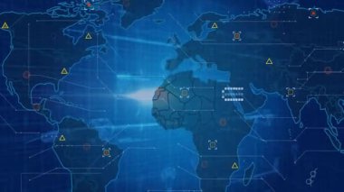 Parlak ışık parlayan dijital harita, çoğalan düğümler, titreşen paneller, Afrika 'yı birleştiren ışın. Teknoloji, veri görselleştirme, geleceksel, dijital arayüz, bağlantı, yenilik, analitik