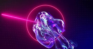 Magenta dairesi ortaya çıkıyor. Bulutlar içeri giriyor ve kenar neon çizgilerine çarpıyor. Çerçeve bulutu. Soyut, geometrik, dijital sanat, animasyon, geleceksel, neon, görselleştirme