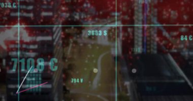 Havadan açılan şebeke ve kırmızı parçacıklar, güncellenen okumalar ve ortaya çıkan çubuklar eğilimi gösteriyor. Veri, analitik, istatistik, finans, dijital, gelecekçi, görselleştirme