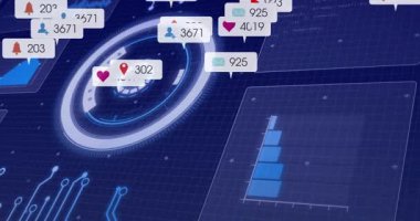 Koyu mavi devre ızgara arka planı dairesel HUD döndürme, işaretleme çubuklarını canlandırma. Fütüristik, teknoloji, veri, arayüz, görselleştirme, dijital, bilgi