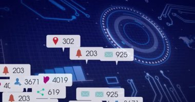 Grid HUD başlatılıyor, bar çizelgesi ortaya çıkıyor, baloncukların güncellemesi sosyal metrik büyümeyi gösteriyor. Fütürist, dijital, arayüz, teknoloji, analitik, dalgın, veri