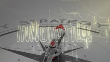 İnovasyon azalıyor, 3 boyutlu pusula dönüyor, STRATEGY kenarı yeniliği vurgulamak için parlatılıyor. Navigasyon, teknoloji, fütüristik, dijital, liderlik, ilerleme, yenilik