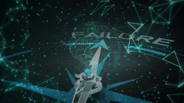 Pusula oku başarısızlık noktasından başarıya doğru saat yönünde dönüyor, noktalı küresel ağ kayıyor. Navigasyon, teknoloji, fütüristik, yenilik, dijital, ilerleme, strateji