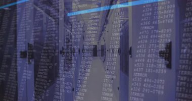 Sunucu koridoru tutarken kod zayıflıyor, mavi tarama çubuğu gökkuşağı işaret fişeği ile geri gidiyor. Veri merkezi, siber güvenlik, dijital altyapı, yüksek teknoloji, fütüristik, sistem izleme, teknoloji