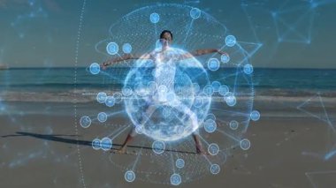 Sahil kenarını geren Yogi, dijital küreyi başlatıyor. Vücut gösterme teknolojisi etrafında düğümler oluşturuyor. Dijital, sağlıklı, dinginlik, farkındalık, fütüristik, uyum, rahatlama