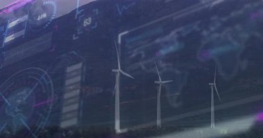 Rüzgar türbinleri saat yönünde dönüyor güç göstergesi ve harita güncellemesi performansı görselleştiriyor. Yenilenebilir, sürdürülebilirlik, otomasyon, dijital, teknoloji, enerji, yenilik