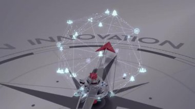 Çift tonlu iğnenin etrafında üç boyutlu ağ oluşturan parlak cyan noktaları yenilik hedefine doğru dönüyor. Fütürist, teknoloji, dijital, siber, yüksek teknoloji, kavramsal, soyut