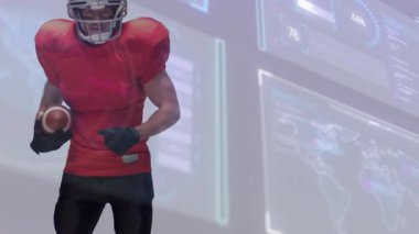 Kırmızı formalı futbolcu veri duvarının önünde çömelmiş, mavi formalı takım arkadaşı striptiz topunu tutuyor. Sporcu, takım çalışması, çeviklik, fütüristik, performans, teknoloji, sportmenlik