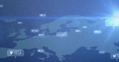 Dijital Avrupa haritası görüntüde kayboluyor. Paylaşım, iğne ve kalp kabarcıkları görselleştirici veriler ortaya çıkıyor. Fütürist, soyut, veri görselleştirme, ağ, bağlantı, dijital, teknoloji