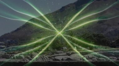 Sağdan gelen adam kayalık yolda koşuyor ve sağlık teknolojisinde yeşil titreşimli bir üst üste biniyor. Manzara, fitness, motion, digital art, scenic, wellness, outdoor