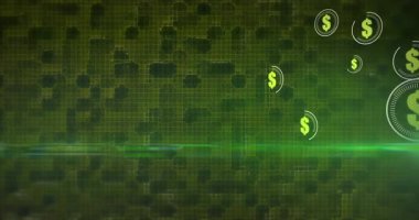 Zümrüt kirişinde görünen ve içe doğru sürüklenen Chartreuse dolar sikkeleri, finansal büyümeyi gösteriyor. Finansal teknoloji, dijital para birimi, engelleme zinciri, sanal varlıklar, yatırım, veri görselleştirme, modern tasarım