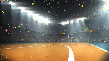 Konfeti topları ateş açarak top atışları basket sahasının her tarafına dağılıp zaferi kutluyor. Kutlama, neşe, şenlik, dinamik, canlı, spor, arena