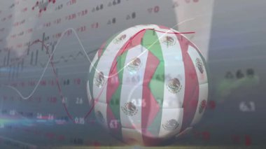 Başlangıçta, 3 boyutlu Meksika futbol topu kırmızı beyaz grafikler olarak dönüyor ve piyasa değişkenliğini gösteriyor. Spor ekipmanları, finansal analizler, dijital görselleştirme, veri izleme, iş zekası, modern tasarım, soyut grafikler