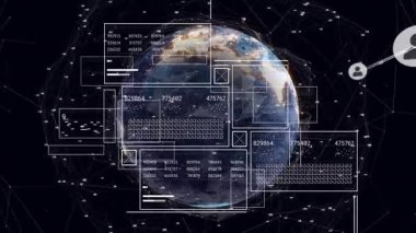 3D dönen dünya üzerinde kaydırma panelleri üzerinde, ağ büyümesini göstermek için bağlanan kullanıcı simgeleri ortaya çıkıyor. Gelecek, teknoloji, veri görselleştirme, siber, dijital, soyut, yenilik