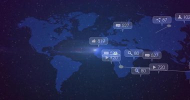 Dünya haritası animasyonuna başladıktan sonra sosyal simgelere bağlanan işaretler küresel bağlantıyı gösteriyor. Dijital, bağlantı, küresel, teknolojik, soyut, ağ, geleceksel