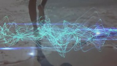 Dijital tasarım, plajda yürüyen bir kadının neon mavisi dalga biçimini aktive ettiğini gösteriyor. Fütürist, suda yaşayan, sakin, minimalist, dinamik, soyut, yaşam tarzı