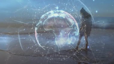 Bir kadın sığ bir sörf yapıyor, dönen dijital küreye sesleniyor trendleri izlemek için veri atıyor. Kadın, yenilik, fütürizm, soyut, dinginlik, bağlantı, teknoloji