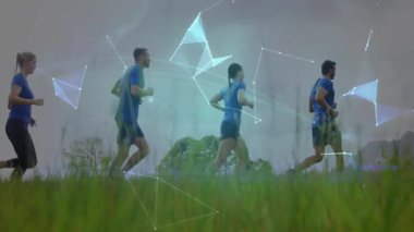 Çevrelerinde parlayan bir küreye evrimleşen altı eğitimci koşu teknolojisi ağı şekilleri geliştiriyor. Aktif giyim, spor, dijital alarm, yenilik, takım çalışması, açık hava, kavramsal