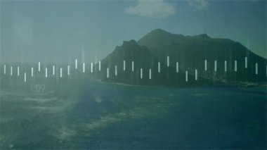 Parlak çubuklar sallanmaya başladıktan sonra, grafikler titreşmeye başladı, dağlık ada üzerindeki pazar eğilimlerini gösterdi. Veri görselleştirme, dijital analiz, hareket grafikleri, finansal veriler, kentsel manzara, manzara ayarı, modern teknoloji