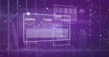 Başlangıçtaki paneller soluyor, düğümler birleşiyor, kiriş temizleniyor ve veri akışını gösteren numaralar güncelleniyor. Gelecekçi, yenilikçi, teknoloji, ağ, dijital, arayüz, canlı