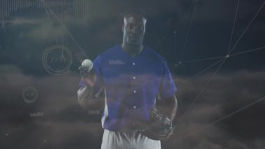 Beyzbolcu parmak üzerinde dönen topu kavrayıp spor teknolojisini veri simgeleriyle gösteriyor. Sporcu, spor, hareket, dijital, teknoloji, performans, beceri