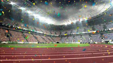 Konfetiler gelmeye başladı. Parçalar stadyum pistinde dönüp zaferi kutluyor. Kutlama, şenlik, heyecan, hareket, coşku, olay, halk