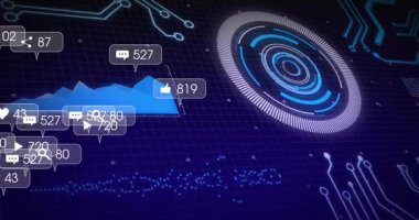 HUD halkalarının dönüşünde, sosyal simgeler zayıflıyor ve halkanın etrafında güncelleniyor. Bağlantı ölçümlerini göstermek için. Fütürist, teknoloji, analitik, görselleştirme, dijital, sürükleyici, dinamik