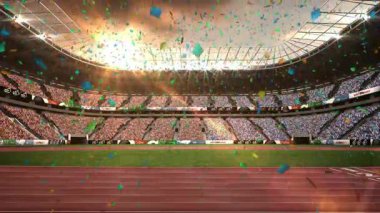 Güneşin paraşütle düşmesi kutlama konfeti yağmuruna ve konfetilerin pist boyunca süzülmesine neden oluyor. Şenlik, kutlama, heyecan, açık hava, dinamik, canlı, hareketli