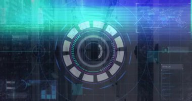 Sunucu odasını yüksek çözünürlüklü halka aydınlatma olarak gösteren şebeke, arızalanıyor ve veri izleme için yeniden yükleniyor. Fütüristik, teknoloji, dijital, veri görselleştirme, siber, yenilik, sibernetik