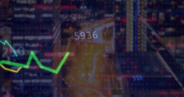 Şehir manzarası açılışı ardından canlı eğilimleri gösteren veri etiketleriyle değişen üç çizgi grafiği yükseliyor. Kentsel, analitik, teknoloji, veri görselleştirme, modern, finansal, dijital