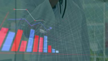 3 boyutlu ızgara görüntüde, doktor tıbbi steteskop alıyor ve çubukları ve çizgi grafiklerini inceliyor. Gelecek, sağlık, teşhis, yenilik, analitik, teknoloji, profesyonellik