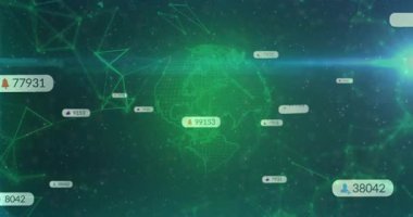 Yörüngede dönen ve solan ve küresel ağı gösteren sayısal etiketlerle dönen yeşil küre. Holografi, fütürizm, dijital, teknoloji, bağlantı, veri, yenilik