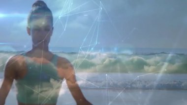 Bir kadın kıyı şeridinde dalgalarla meditasyon yapıyor, teknoloji ağı darbe düğümleri üretiyor. Spiritüellik, sükunet, dijital bağlantı, dinginlik, doğa, ahenk