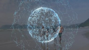Ağ küresi kıyıda oluşuyor aileyi tutuşturuyor dönen dünyanın arkasında koşup teknolojiyi gösteriyor. Teknoloji, bağlantı, çoklu nesil, uyum, güneş ışığı, rahatlık, yenilik