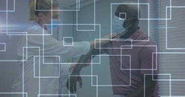 Hekim şırıngayla deltoid enjekte eden koldan örnek alırken grafik kaplama aşısı başlatılıyor. Tıbbi, sağlık, aşı, aşı, aşı, tedavi, klinik, hijyen