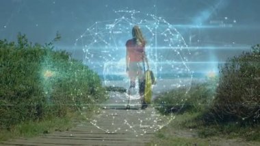 Tahta kaldırımda yürüyen ve havlunun etrafında düğümler oluşturan bir kadın teknolojiyi okyanusa doğru gösteriyor. Soyut, yenilik, bağlantı, fütürizm, doğa, teknoloji, keşif