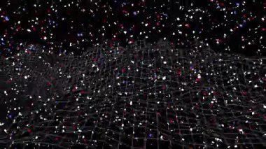 Kablo çerçeve ızgarası siyah üzerinde dalgalanan üç renk parçacıkları görselleştirmek için sürükleniyor. Soyutlama, hareket, dijital, geleceksel, animasyon, görselleştirme, teknoloji