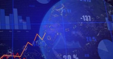 Izgaradan çıkan turuncu çizgi dünya dönerken etiketlere ve veri döngüsünde çizelgelere neden oluyor. Teknoloji, veri görselleştirme, analitik, dijital ağ, fütürizm, finansal, soyut