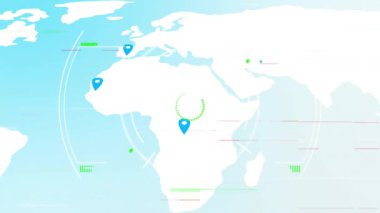 Afrika silueti açılıyor. Harita genişletiliyor. Mavi raptiyeler açılıyor. Küresel görselleştirme, veri analizleri, dijital arayüz, coğrafi haritalama, teknoloji, bilgi tasarımı, bağlantı