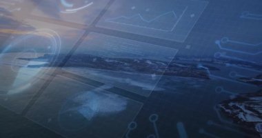 Alçak sis seviyesi yükseliyor HUD panellerin çökmesine, grafiklerin veri çekmesine, adalar üzerindeki eğilimleri görselleştirmesine neden oluyor. Dijital arayüz, veri görselleştirme, hava manzarası, fütüristik teknoloji, daldırıcı çevre, katmanlı grafikler, okyanus manzarası