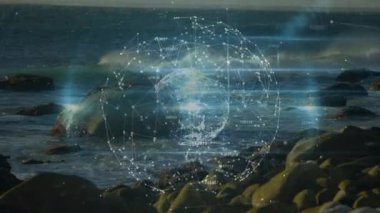 Veri ağını görselleştirmek için dengelenmeden önce ışık noktaları dönen holografik küre oluşturur. Gelecek, teknoloji, görselleştirme, soyut, yenilik, bağlantı, dijital