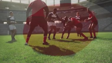 İnişe geçtikten sonra, kırmızı rugby takımı atış yarışmasında kargaşa yaratıyor ve ok gösteriyor. Atletik, takım çalışması, rekabet, açık hava, dinamik, yoğunluk, spor giyim