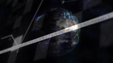 Dünya 'nın dönen küresi uzayda yüzüyor, çizgiler kayıyor, mavi izleri takip ediyor, ağ grafiği oluşturuyor. Global, teknoloji, dijital, bağlantı, veri, ağ, bilim