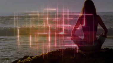 Kayalık sahilde sağIık Yogi 'si çapraz bağlandı. Kırmızı ızgara kaplaması zayıflıyor ve yol gösteren kol açılıyor. Meditasyon, farkındalık, dijital sanat, sağlık, manzara, günbatımı, dinginlik