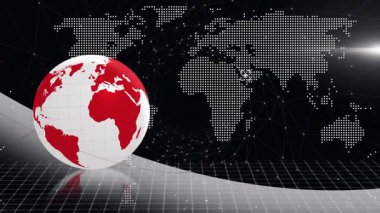 Açılan dünya, kırmızı-beyaz küre dönen ve kırmızı yayı takip eden, veri akışını gösteren titreşim düğümleri. Küresel, teknoloji, bağlantı, ağ, dijital, geleceksel, yenilik