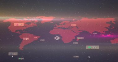 Haritanın solgunlaşan başlangıç etiketi havada asılı duran işaretçi halkaları titreşen parıltı sürüklenen ağları gösteriyor. Dijital, küresel, bağlantı, görselleştirme, teknoloji, iletişim, fütüristik