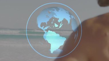 Teknoloji gösteriminde dalgaların üzerinde beliren holografik dünyayı izleyen gözlük takan sörfçü. Fütürist, sürükleyici, dijital, kıyı, düşünceli, dingin, küresel