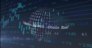 Paralel veri akışı 3D ikili dünya rotasyonunu başlatıyor ve grafikler engelleme zinciri akışını gösteriyor. Teknoloji, yenilik, veri, analitik, finans, dijital, fütürist