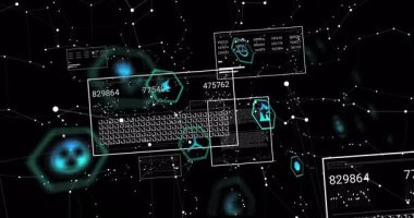 Klavye panelinin somutlaştırılması sayısal panelleri canlandırır ve veri döngüsünde titreşen simgeleri tetikler. Teknoloji, veri, görselleştirme, fütüristik, dijital, bilgi, soyut